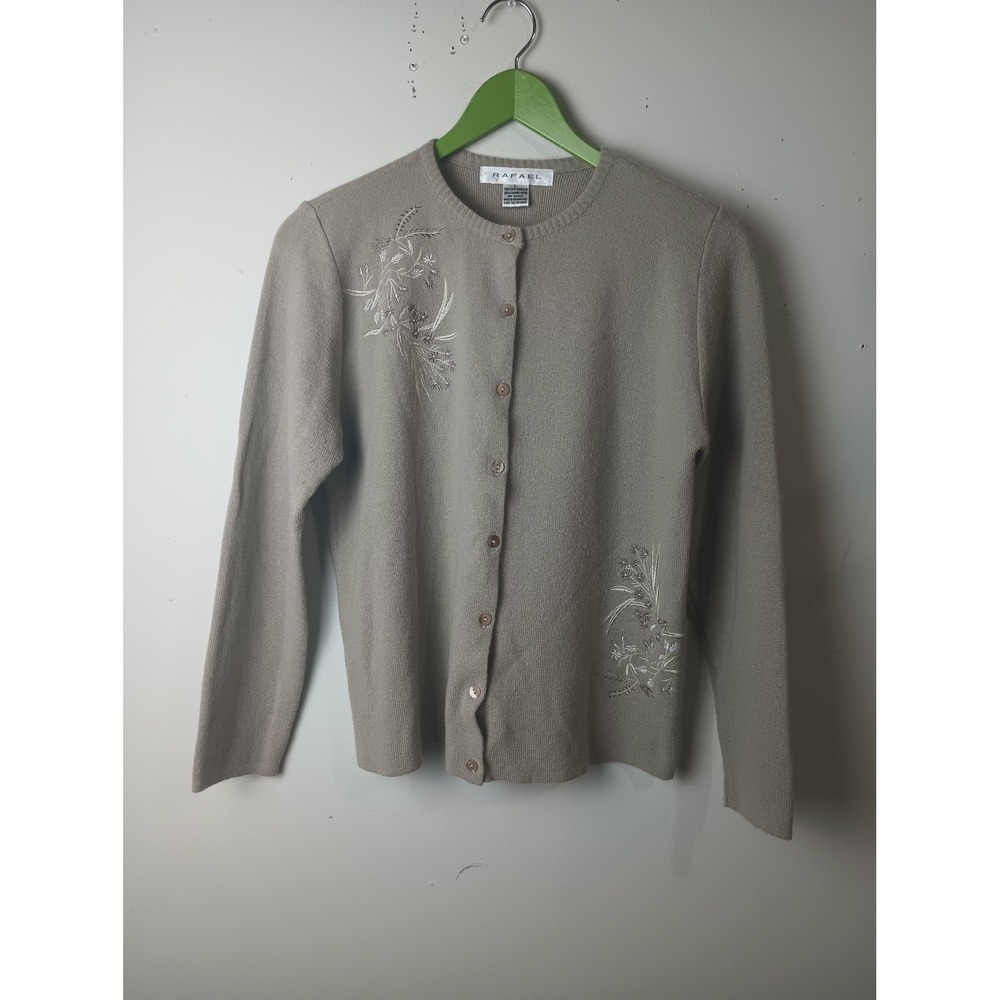 Vintage Rafael Embroidered Lambswool Blend Cardigan Sweater Taupe Beige Large